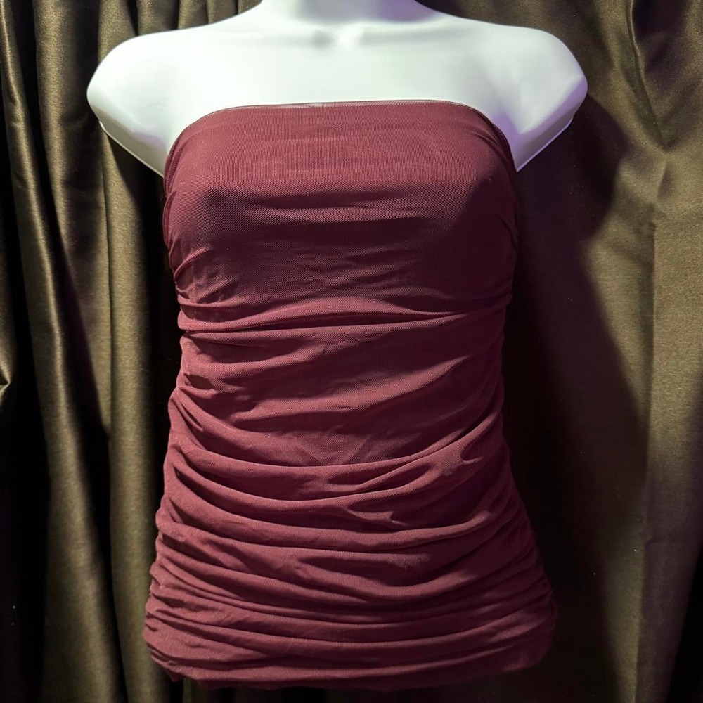 Ruched strapless burgundy strapless top